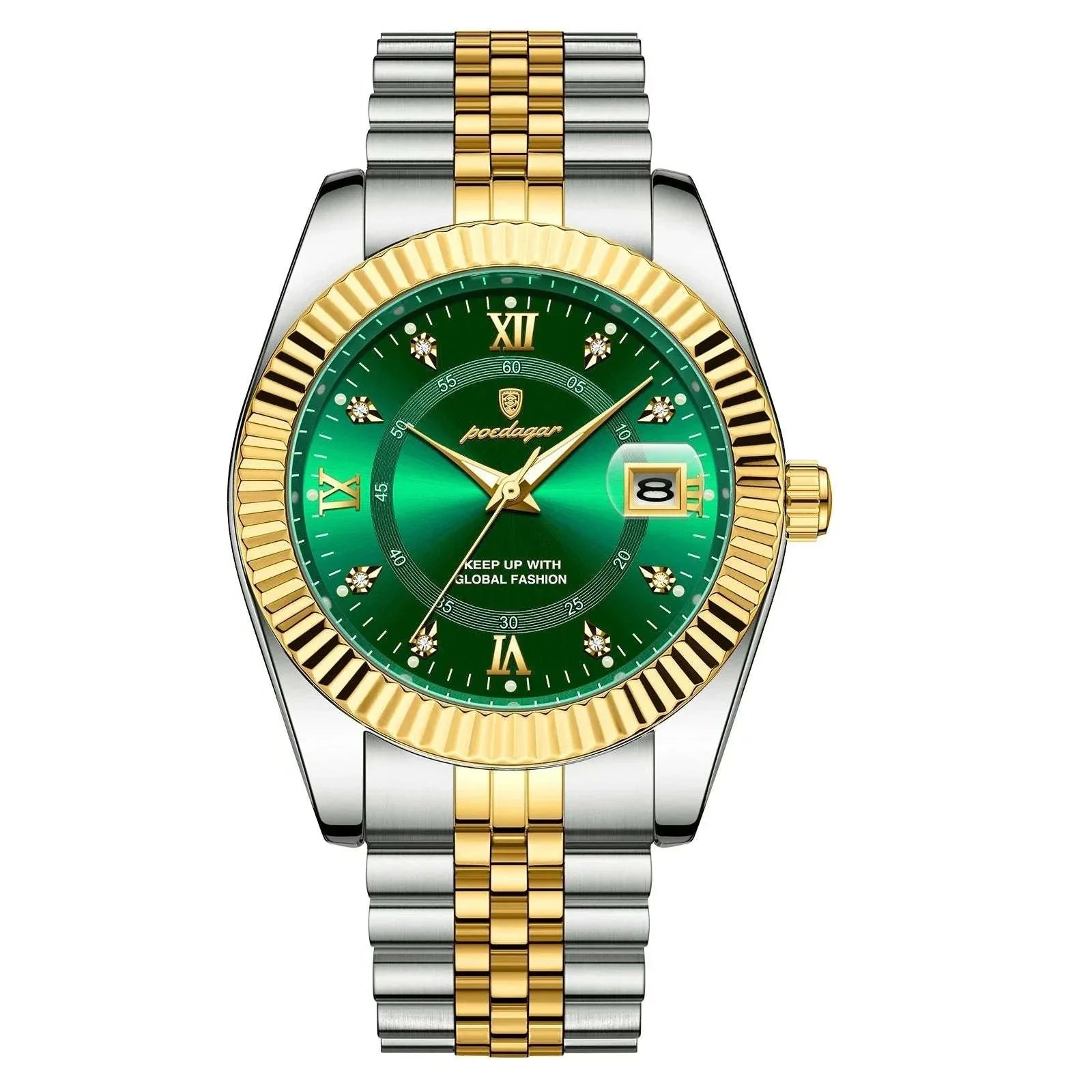Relógio de pulso com mostrador verde e pulseira prateada com detalhes dourados