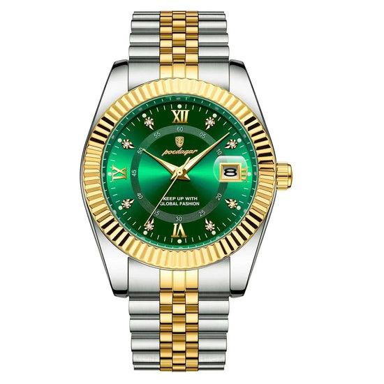 Relógio de pulso com mostrador verde e pulseira prateada com detalhes dourados