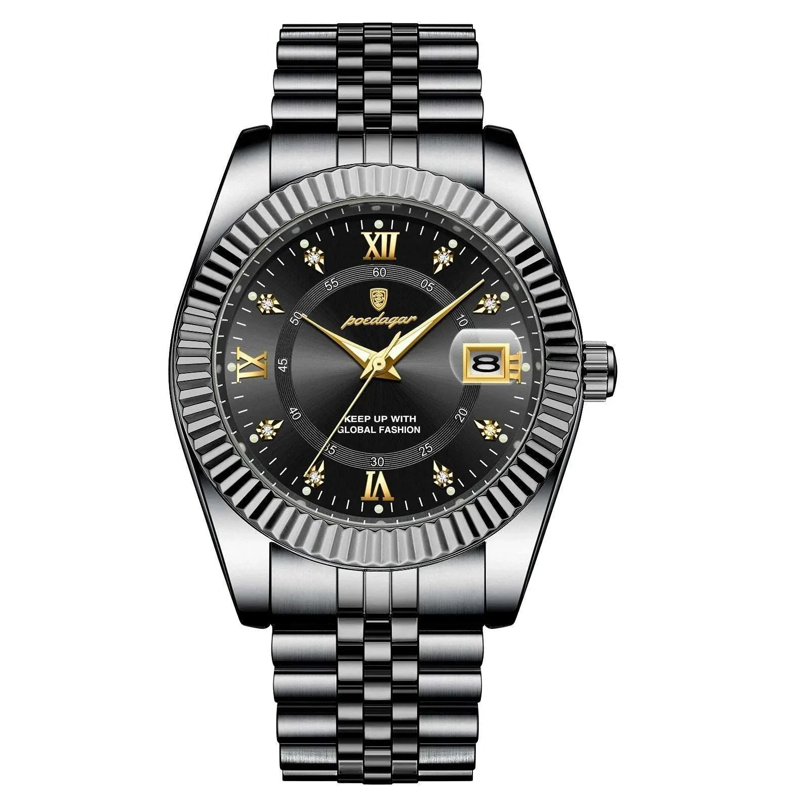 Relógio de pulso com mostrador preto e bracelete metálica bicolor escura