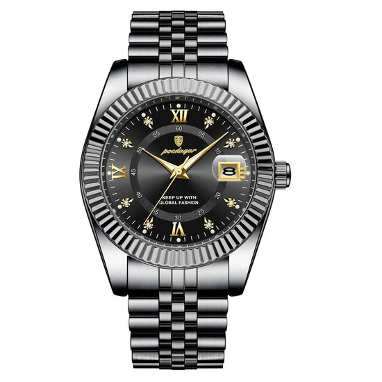 Relógio de pulso com mostrador preto e bracelete metálica bicolor escura
