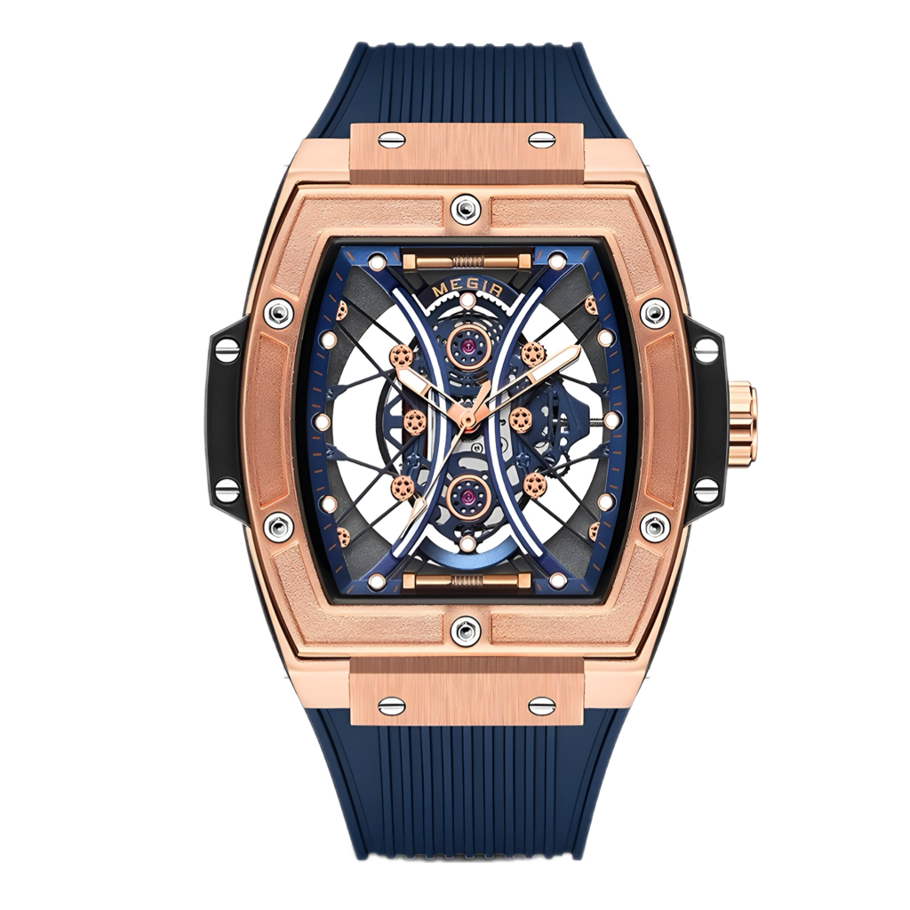 Relógio com pulseira azul, caixa rosé e mostrador azul com ponteiros aparentes