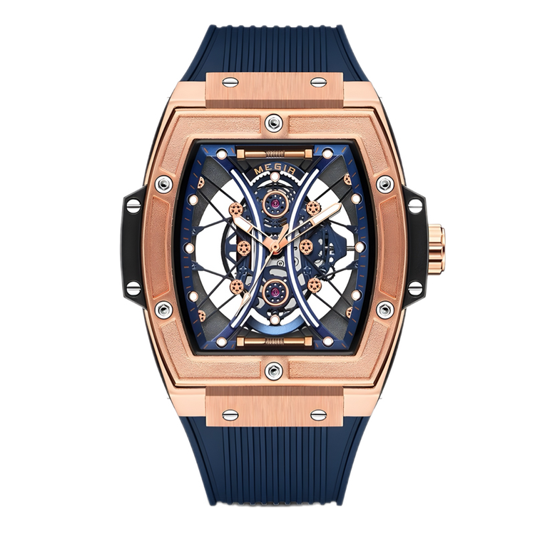 Relógio com pulseira azul, caixa rosé e mostrador azul com ponteiros aparentes