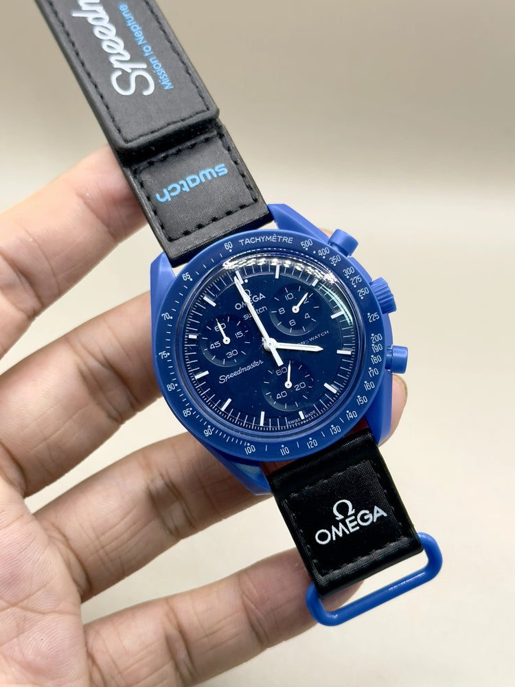 Relógio Omega Swatch MoonSwatch 42 mm com mostrador azul e pulseira azul