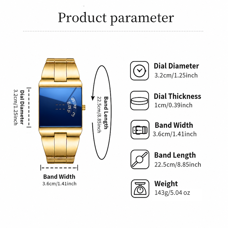 Diagrama de dimensões do relógio dourado com mostrador azul e pulseira de elos