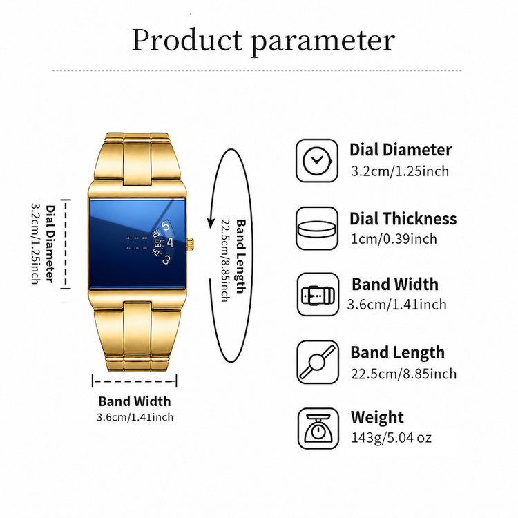 Diagrama de dimensões do relógio dourado com mostrador azul e pulseira de elos