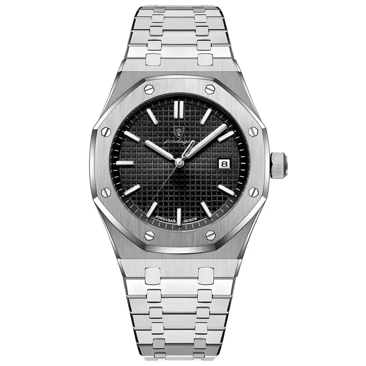 Relógio 41 mm com pulseira metálica prateada e mostrador preto