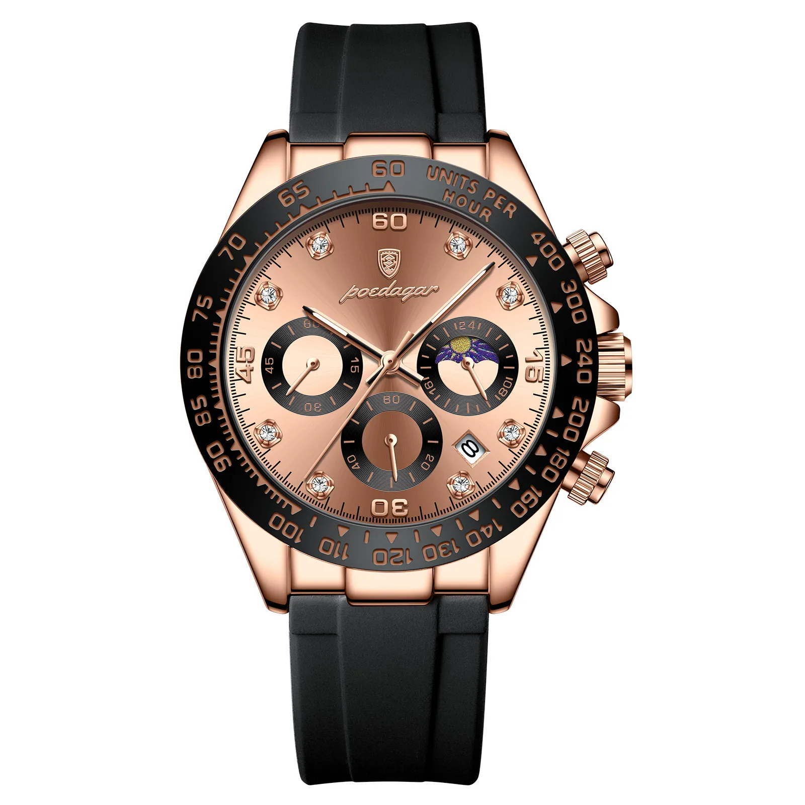 Relógio esportivo com mostrador bege, caixa bronze e pulseira de silicone preta.