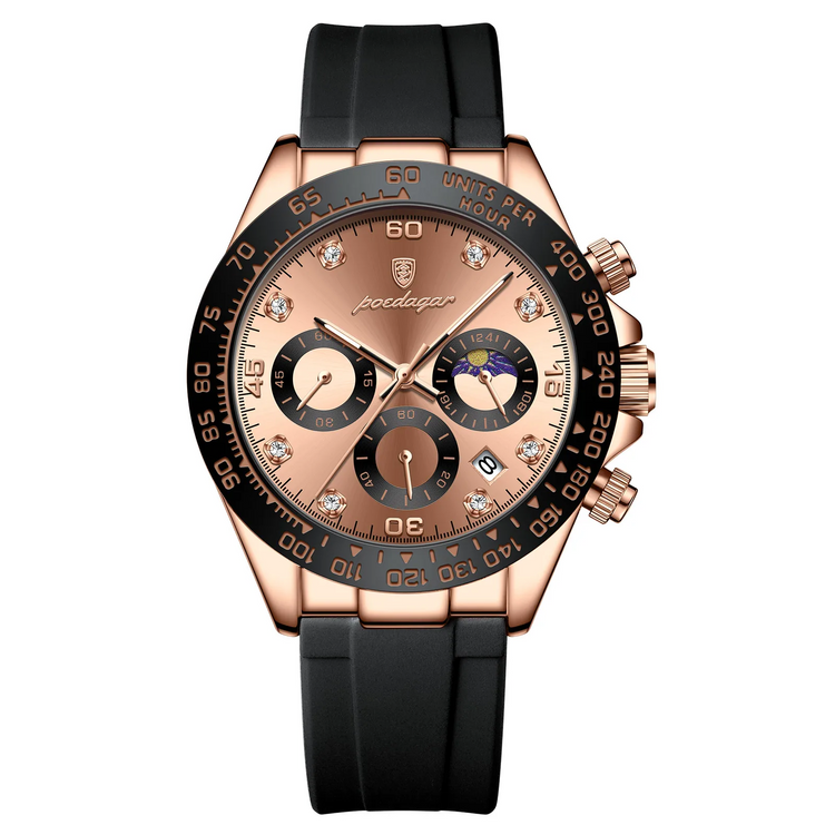 Relógio esportivo com mostrador bege, caixa bronze e pulseira de silicone preta.