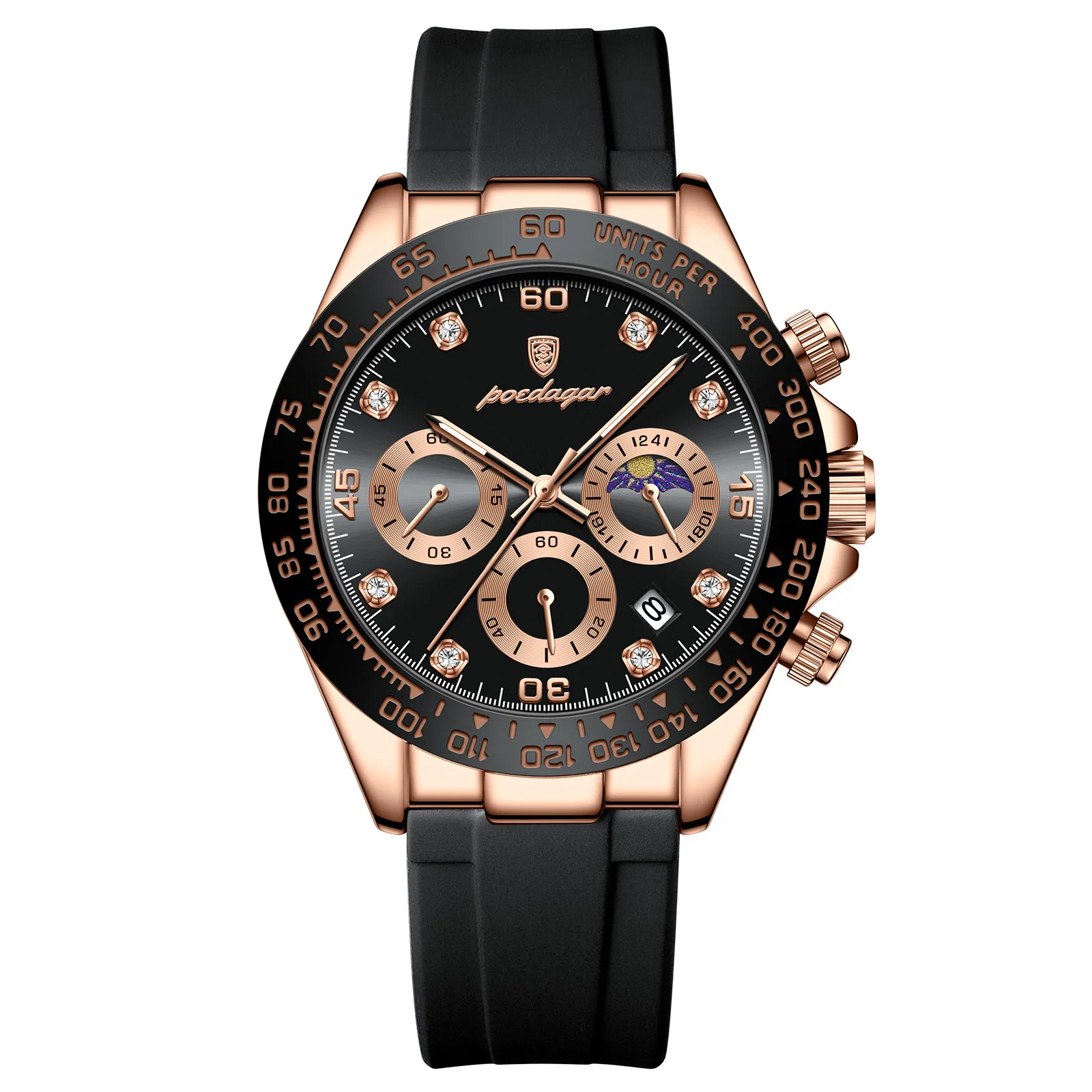 Relógio esportivo com mostrador preto, caixa bronze e pulseira de silicone preta.