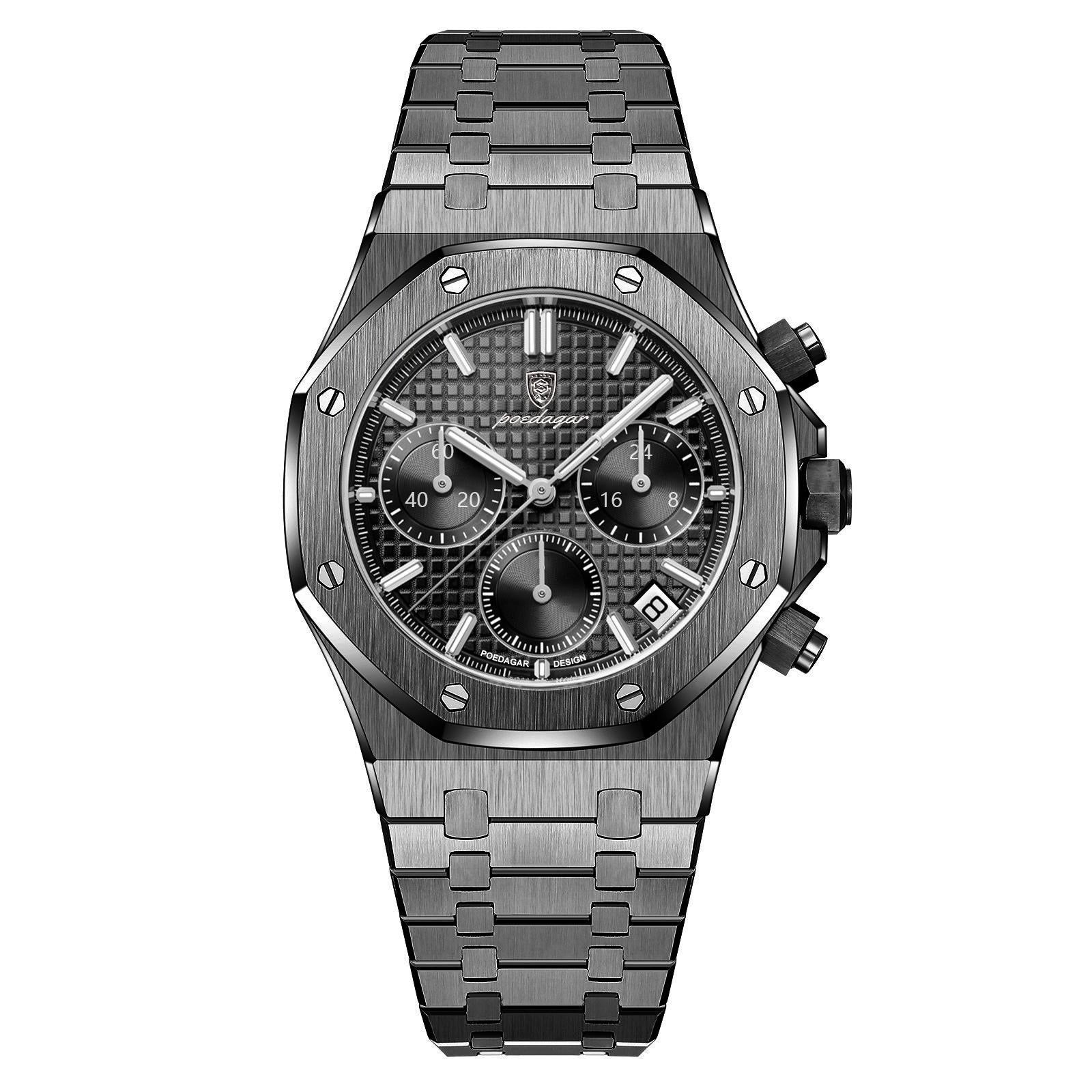 Relógio de pulso 42 mm com mostrador escuro e pulseira metálica preta
