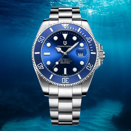 Relógio automático azul com pulseira de aço e mostrador azul com marcadores