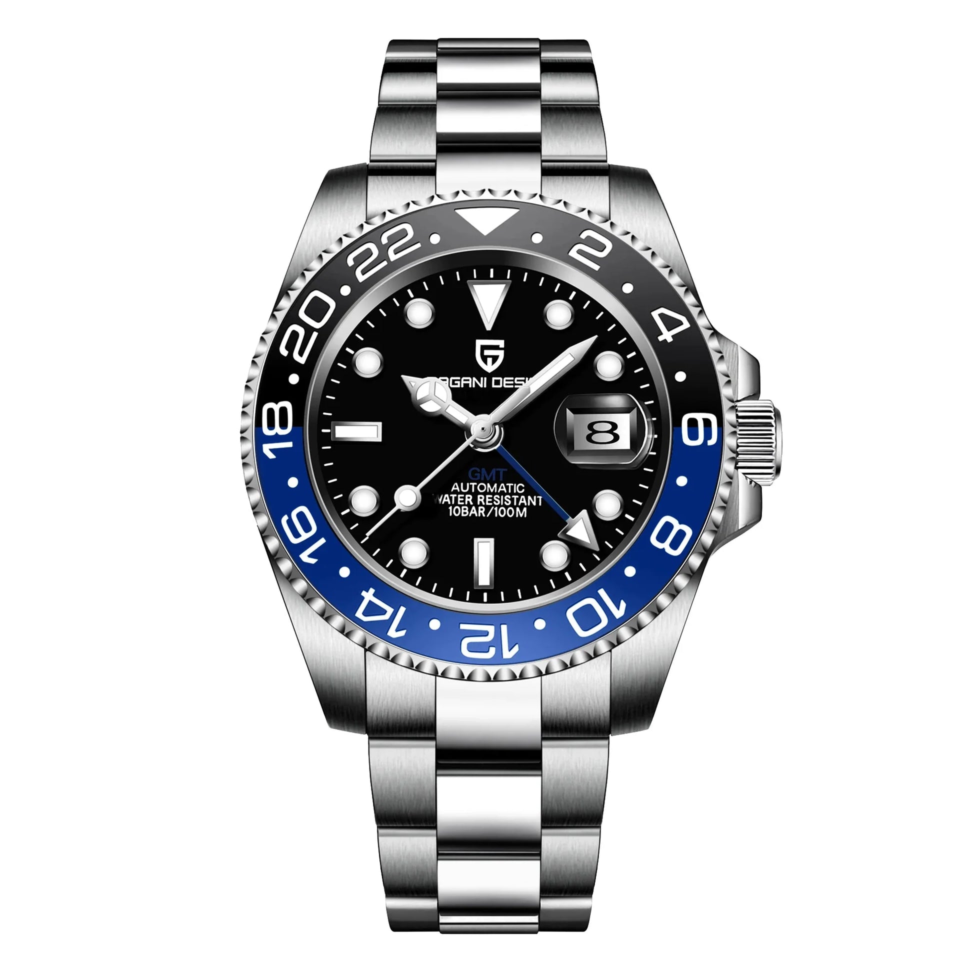 Relógio automático com mostrador preto, aro azul GMT e pulseira de aço