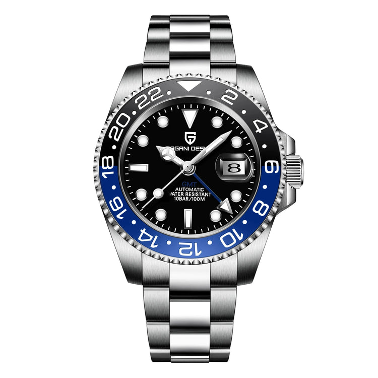 Relógio automático com mostrador preto, aro azul GMT e pulseira de aço