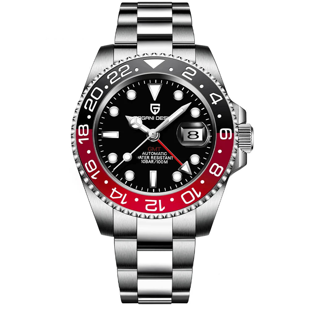 Relógio automático preto com aro GMT vermelho e pulseira de aço