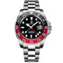Relógio automático preto com aro GMT vermelho e pulseira de aço
