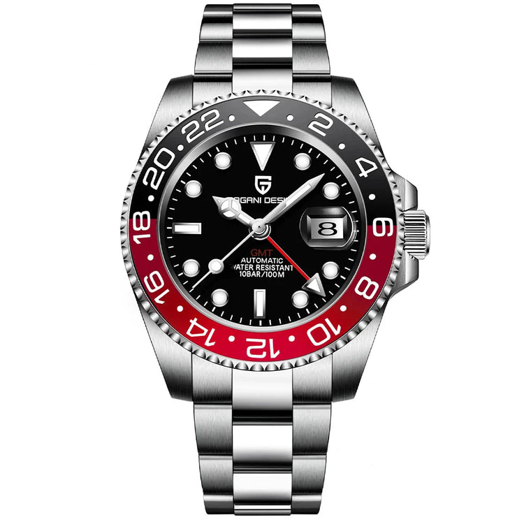 Relógio automático preto com aro GMT vermelho e pulseira de aço