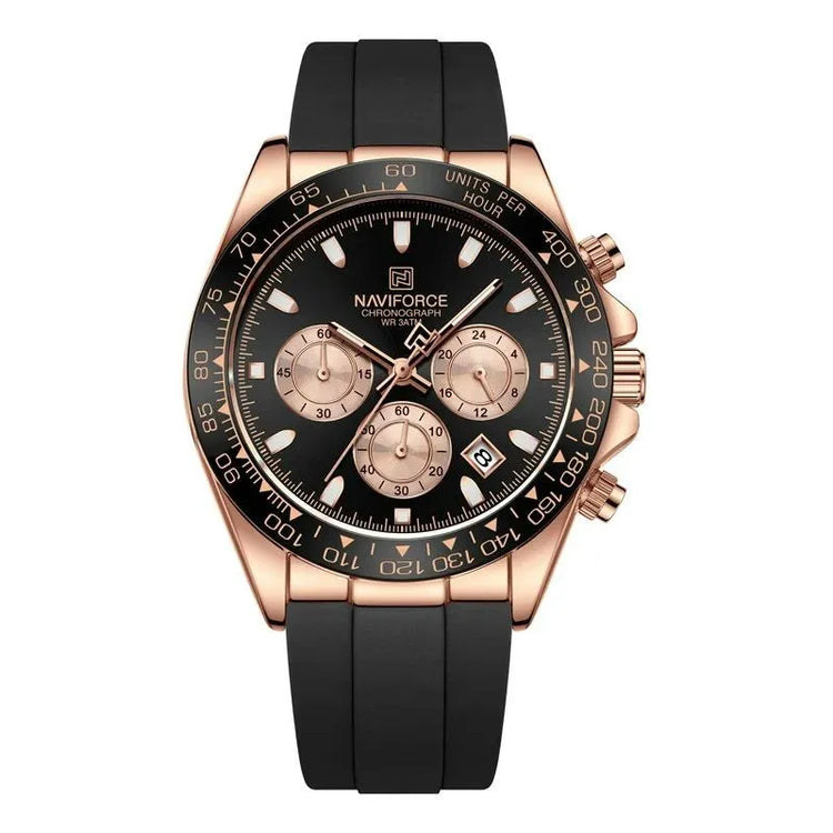 Relógio cronógrafo rosé com mostrador preto e pulseira de silicone preta