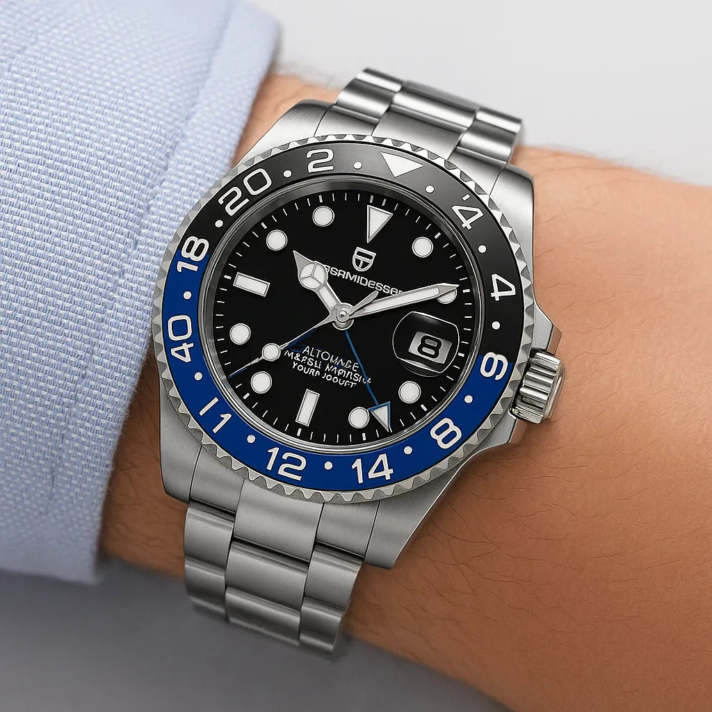 Relógio no pulso com mostrador preto e aro azul GMT, bracelete de aço