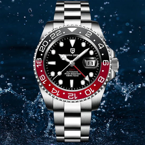 Relógio automático preto com aro GMT vermelho e pulseira de aço
