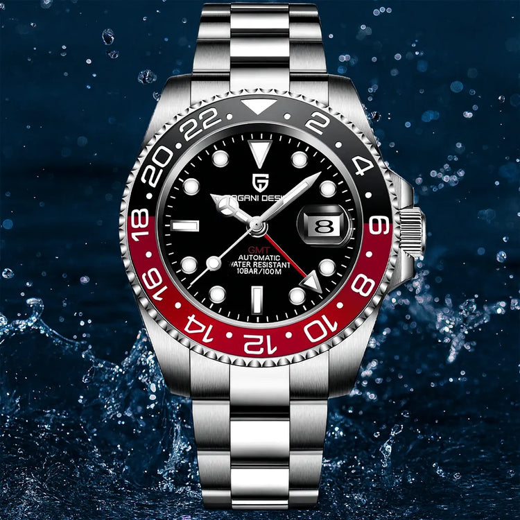 Relógio automático preto com aro GMT vermelho e pulseira de aço
