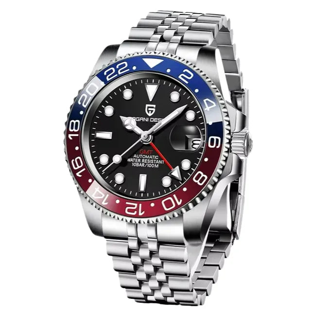 Relógio automático com pulseira de aço e mostrador preto, bezel azul e vermelho