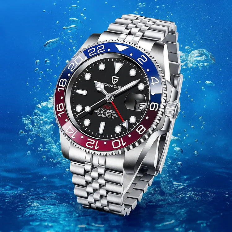 Relógio automático com pulseira metálica, mostrador preto e bezel azul e vermelho
