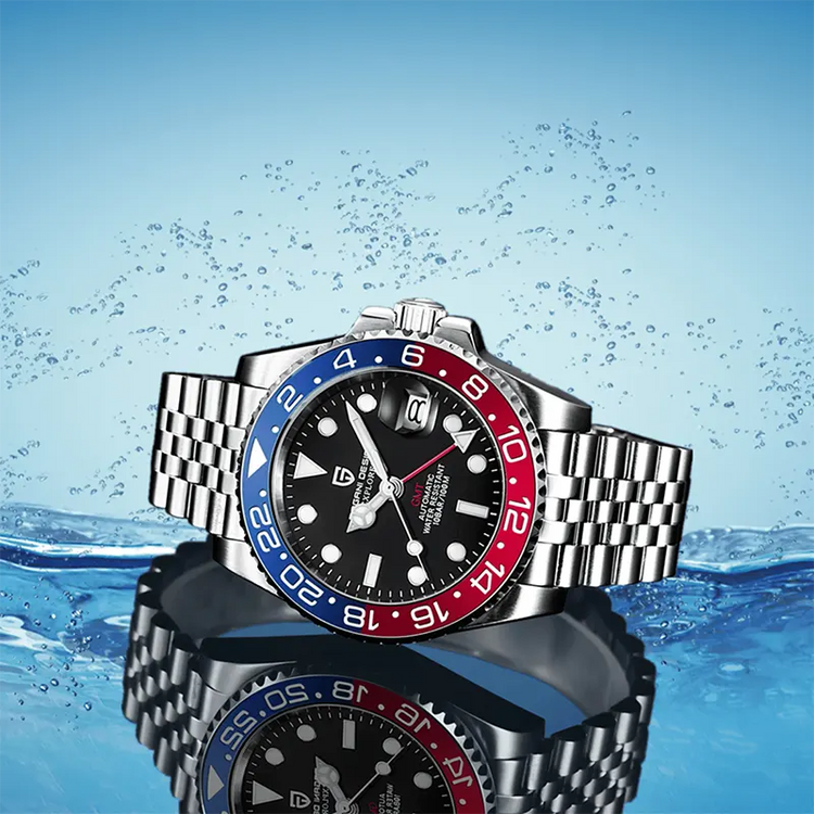 Relógio automático com pulseira de aço, mostrador preto e bezel azul e vermelho