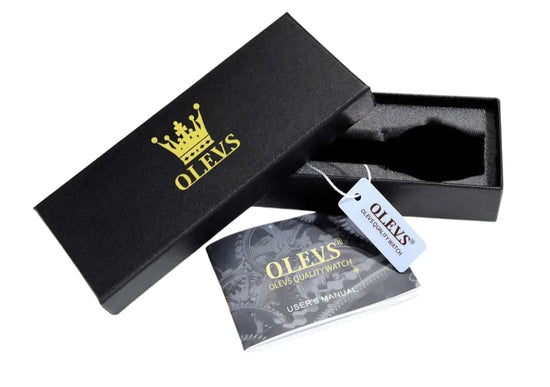 Kit do relógio OLEVS prateado com caixa preta, etiqueta e folheto