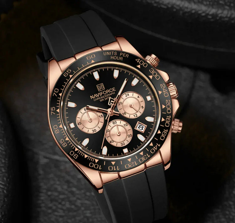 Relógio cronógrafo rosé com mostrador preto, bezel rosé e pulseira de silicone preta