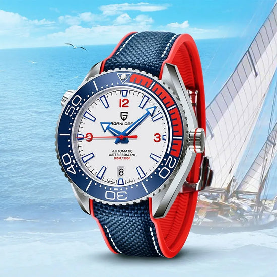 Relógio automático com mostrador branco e pulseira de tecido azul-marinho com borda vermelha