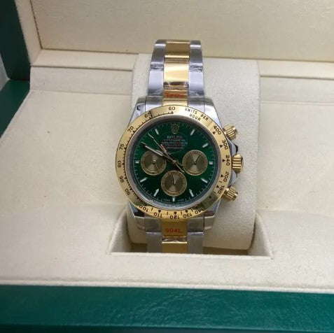Relógio Rolex Daytona bicolor aço e ouro com mostrador verde e três subdials