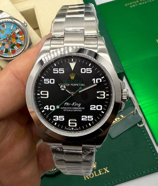 Relógio Rolex Air-King com mostrador preto e pulseira de aço, automático