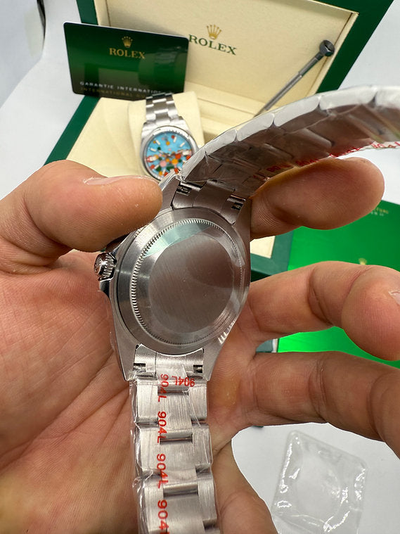 Relógio Rolex Air-King com tampa e mostrador para cima, pulseira de aço