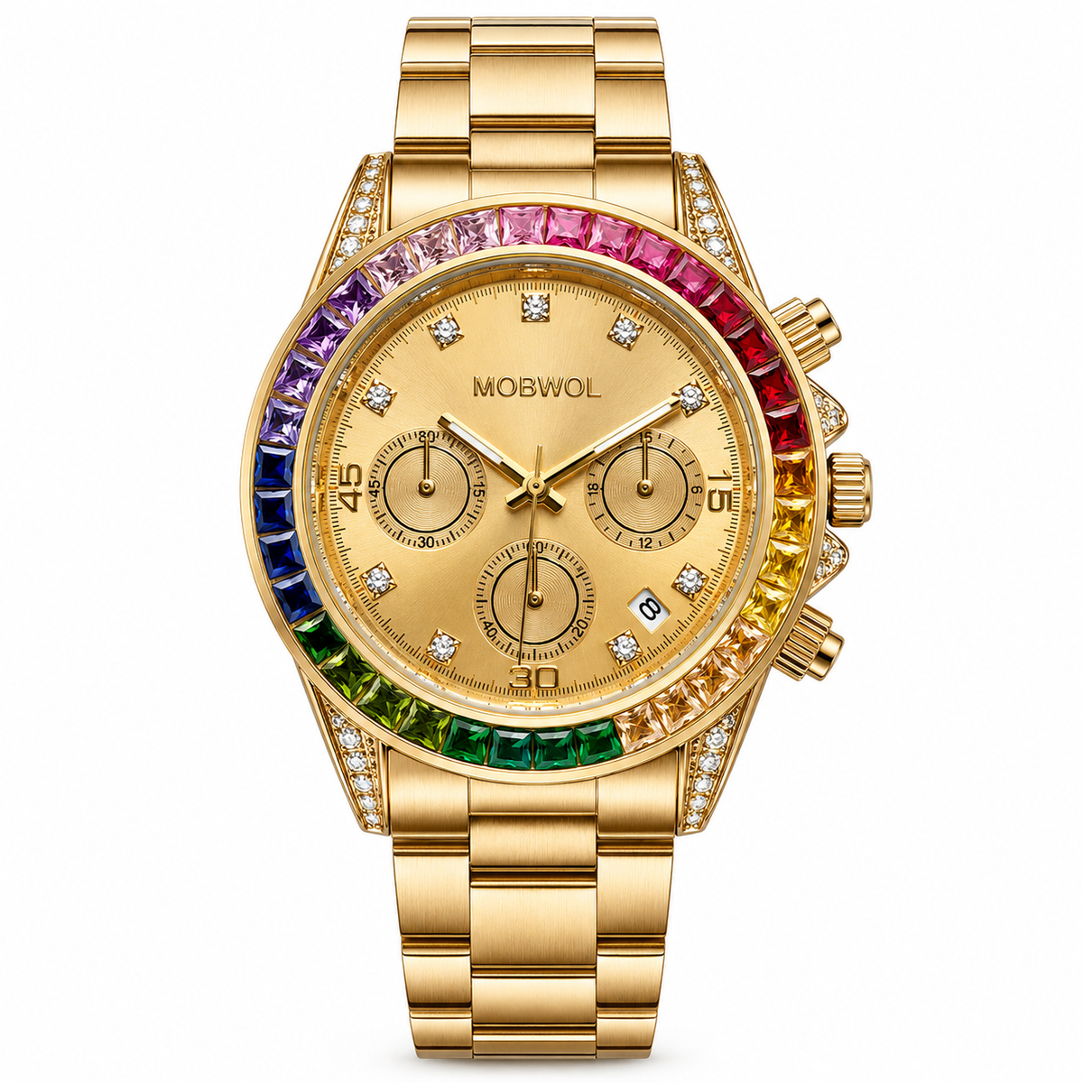 Relógio dourado com mostrador bege e moldura arco-íris na pulseira de metal.
