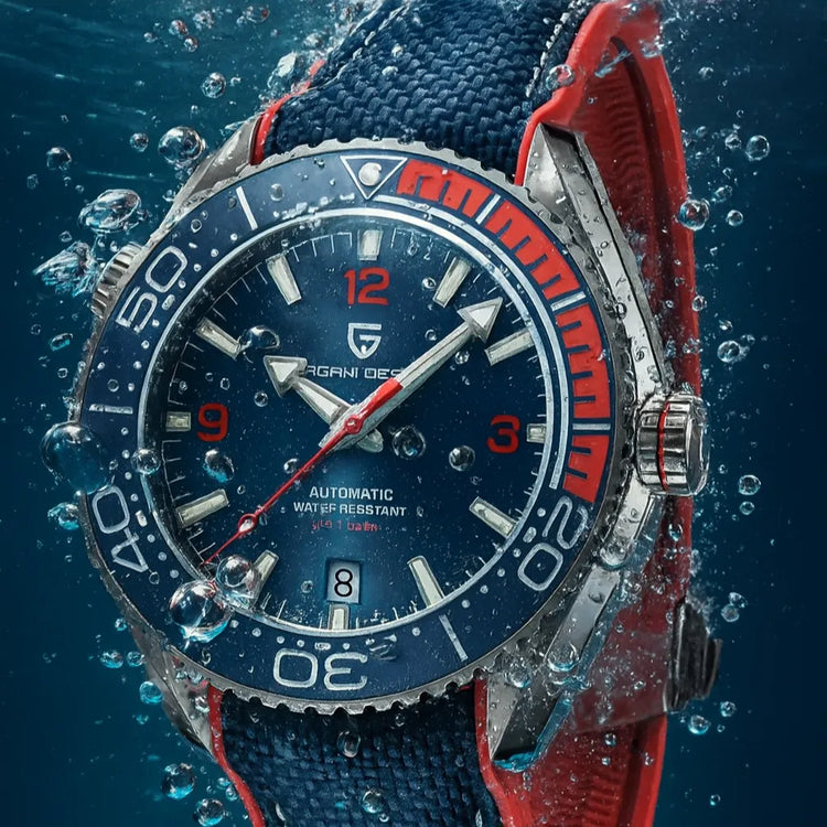 Relógio automático azul com pulseira de tecido azul e aro com faixas vermelhas