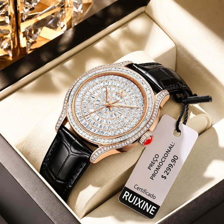 Relógio Estrela em caixa: pulseira preta, mostrador branco e aro cravejado em rosé.