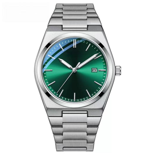 Relógio masculino prateado com pulseira metálica e mostrador verde