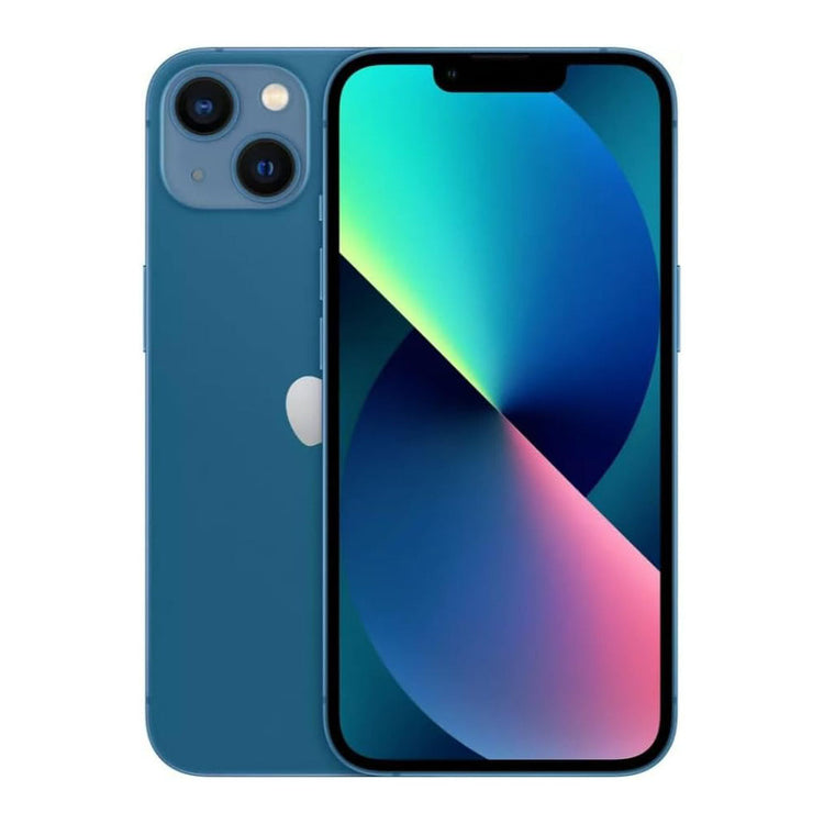 Smartphone iPhone 13 Pro azul, frente com tela e traseira com logo e câmeras
