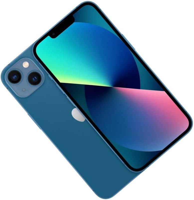 Smartphone iPhone 13 Pro azul, traseira e frente em ângulo com tela colorida