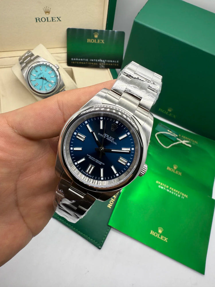 Relógio Rolex Oyster Perpetual azul automático com pulseira de aço em punho