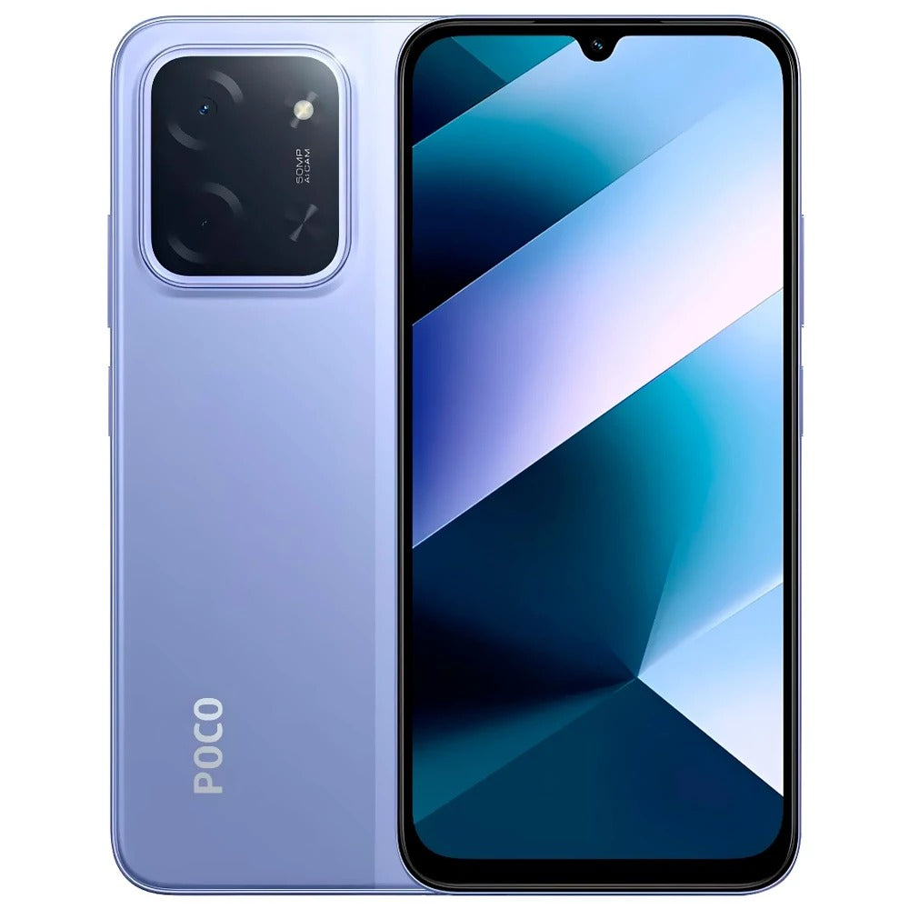 Smartphone Xiaomi Poco C85 roxo com traseira e tela frontal