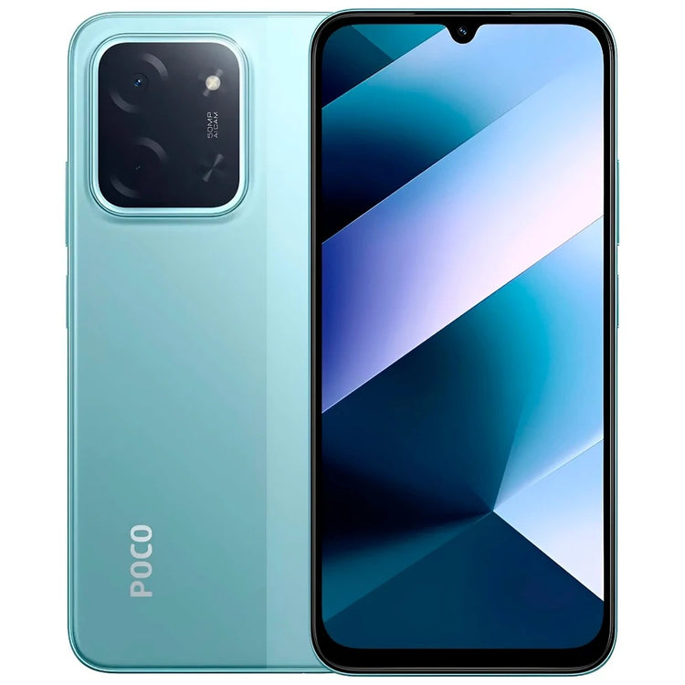 Smartphone Xiaomi Poco C85 verde-água com traseira e tela frontal