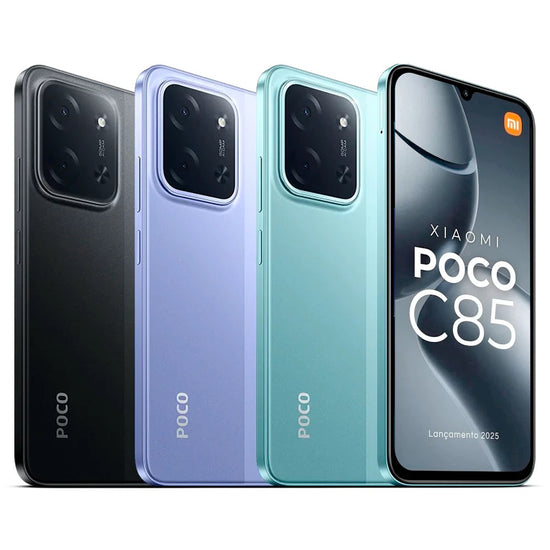 Smartphone Xiaomi Poco C85 com três traseiras e frente exibida em tela