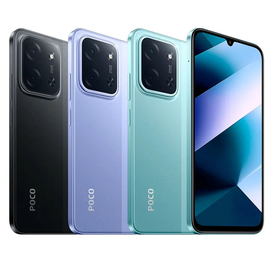 Smartphones Xiaomi Poco C85 em quatro cores: preto, roxo, verde e tela frontal