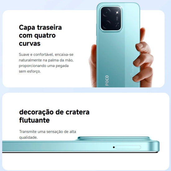 Smartphone Xiaomi Poco C85 verde com capa traseira e câmera traseira em destaque