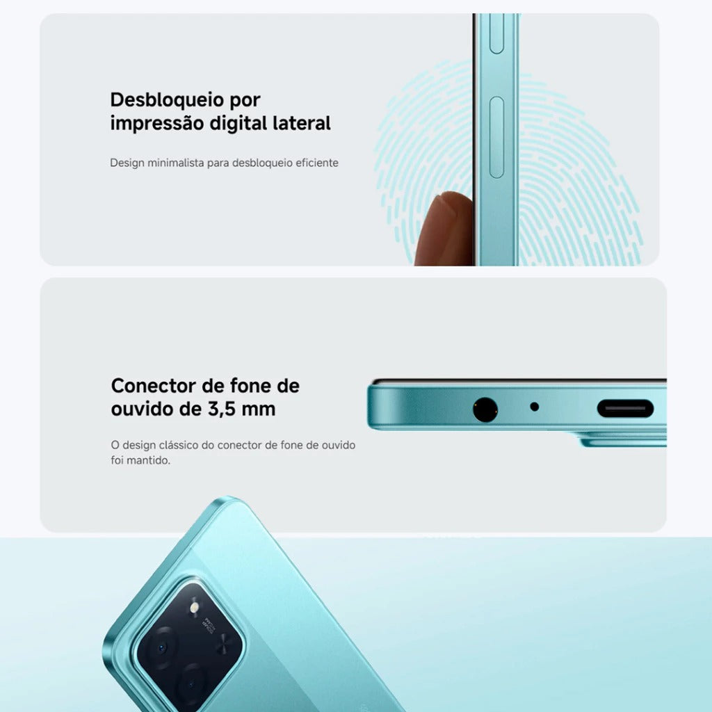 Smartphone Xiaomi Poco C85 azul com leitor lateral e conector de fone 3,5 mm