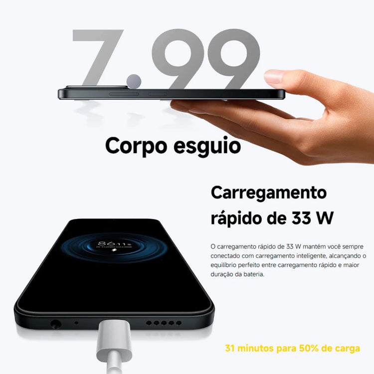 Smartphone Xiaomi Poco C85 com recarga rápida de 33W e corpo fino em tela