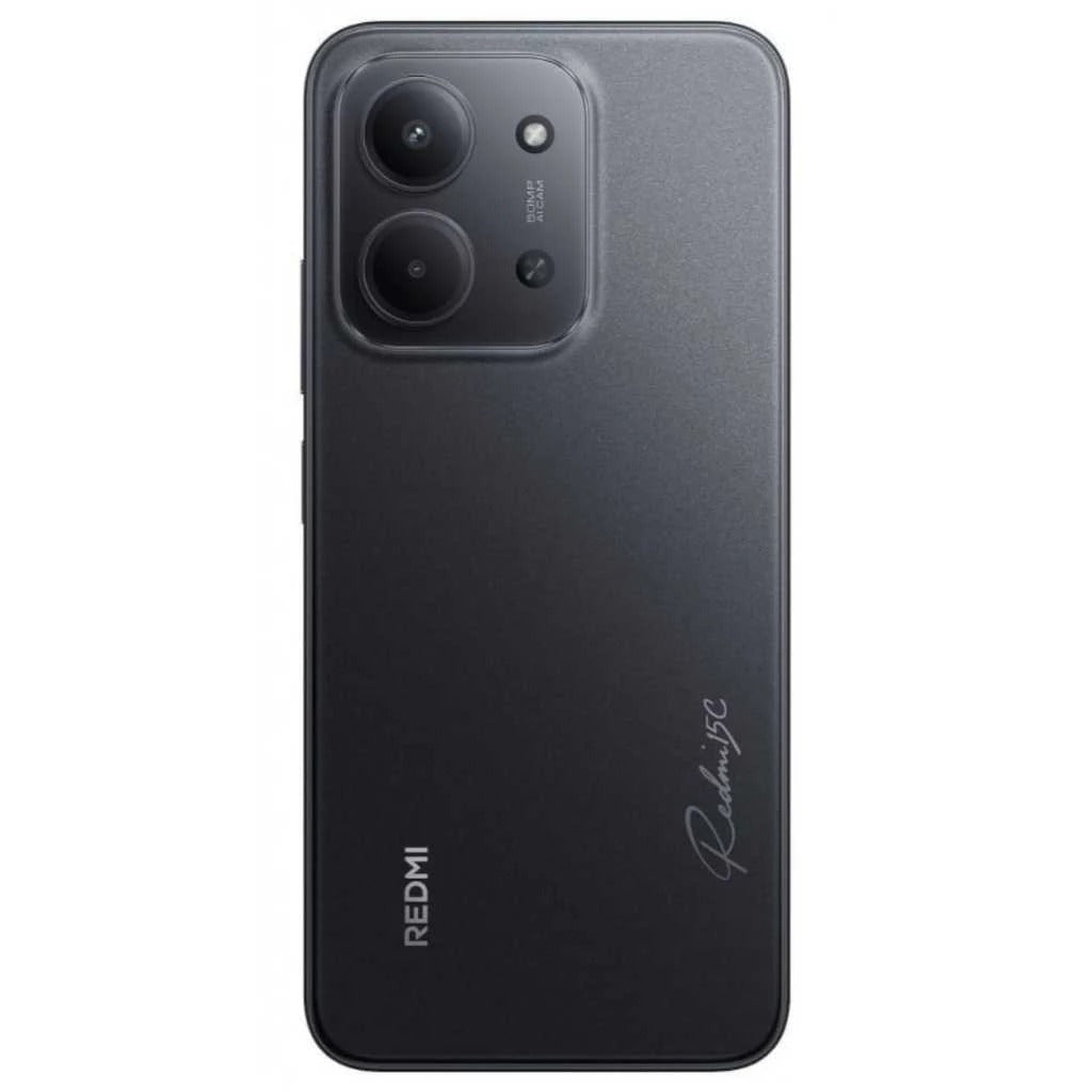 Smartphone Xiaomi Redmi 15C com traseira preta e módulo de câmera dupla