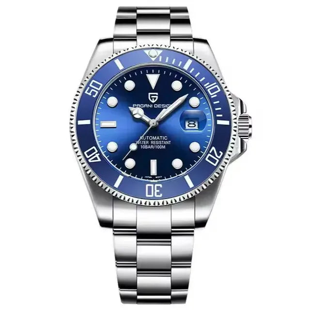 Relógio automático azul com pulseira de aço, mostrador azul e janela de data