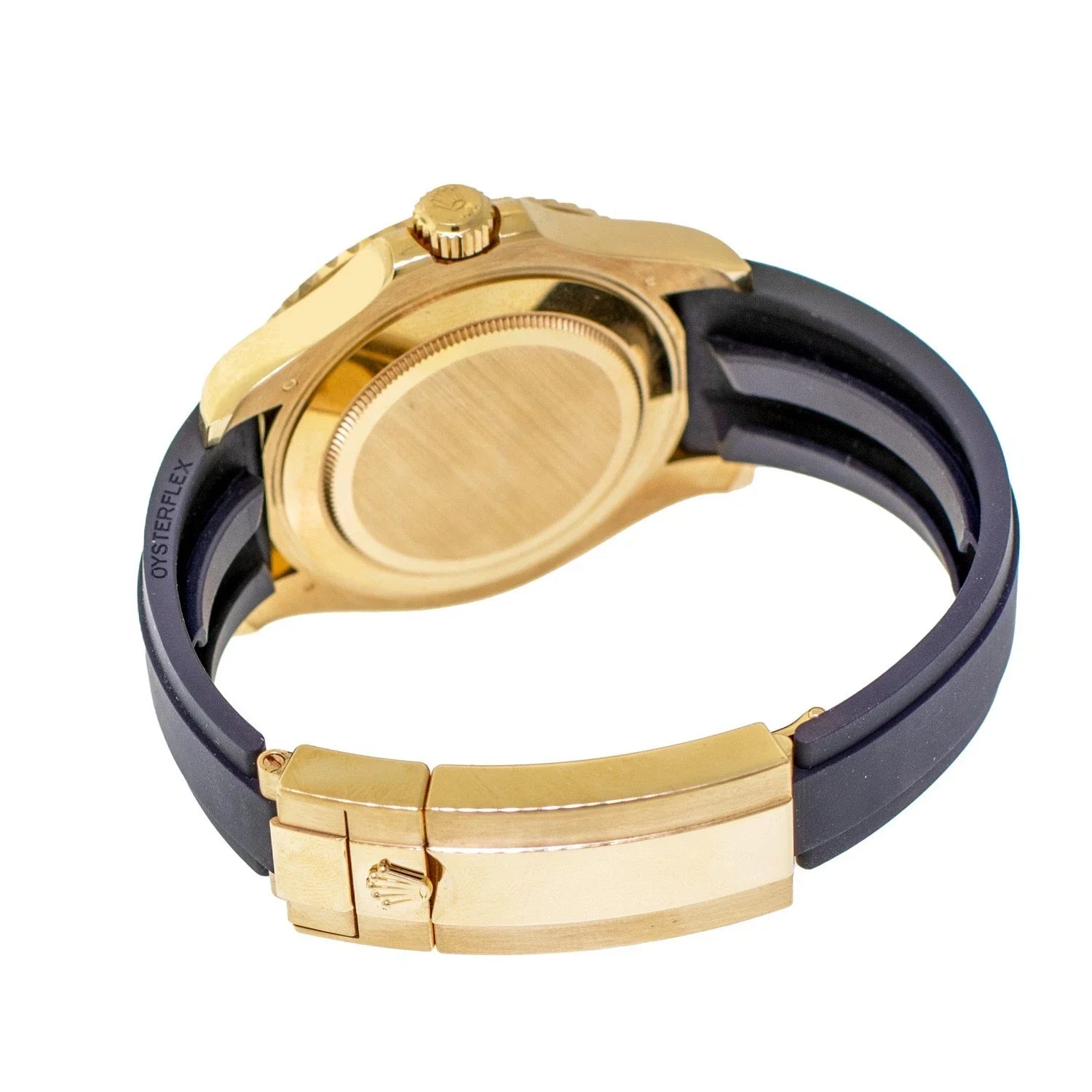 Fundo do relógio Rolex em ouro com pulseira preta de borracha